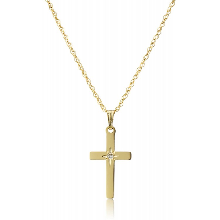 14k Yellow Gold Solid Diamond-Accented Cross Pendant Necklace, 18&#34;