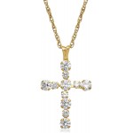 Jewelili 10K Gold 2 MM and 3 MM Round White Cubic Zirconia Cross Pendant Necklace, 18&#34; Rope Chain