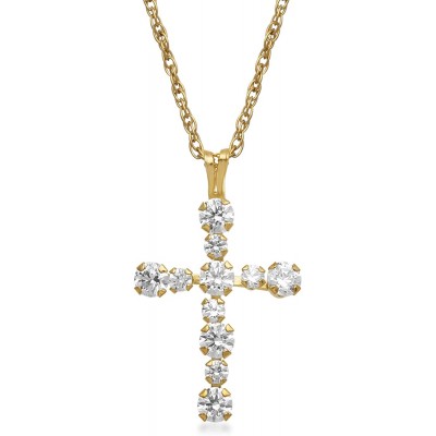 Jewelili 10K Gold 2 MM and 3 MM Round White Cubic Zirconia Cross Pendant Necklace, 18&#34; Rope Chain