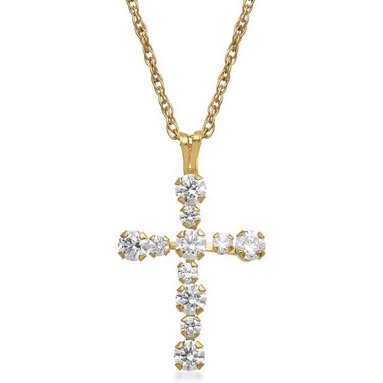 Jewelili 10K Gold 2 MM and 3 MM Round White Cubic Zirconia Cross Pendant Necklace, 18&#34; Rope Chain