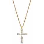 Jewelili 10K Gold 2 MM and 3 MM Round White Cubic Zirconia Cross Pendant Necklace, 18&#34; Rope Chain