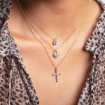 Jewelili 10K Gold 2 MM and 3 MM Round White Cubic Zirconia Cross Pendant Necklace, 18&#34; Rope Chain