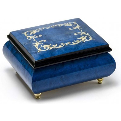 Classic Royal Blue Arabesque Wood Inlay Music Box - Many Songs to Choose - Somewhere in Time