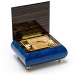 Classic Royal Blue Arabesque Wood Inlay Music Box - Many Songs to Choose - Somewhere in Time