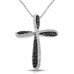 Jewelili Sterling Silver 1/3 Cttw Natural Black and White Round Diamond Cross Pendant Necklace, 18&#34; Rolo Chain