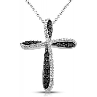 Jewelili Sterling Silver 1/3 Cttw Natural Black and White Round Diamond Cross Pendant Necklace, 18&#34; Rolo Chain