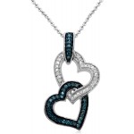 Jewelili Sterling Silver 1/6 Cttw Treated Blue and Natural White Round Diamond Double Heart Pendant Necklace, 18&#34; Rolo Chain
