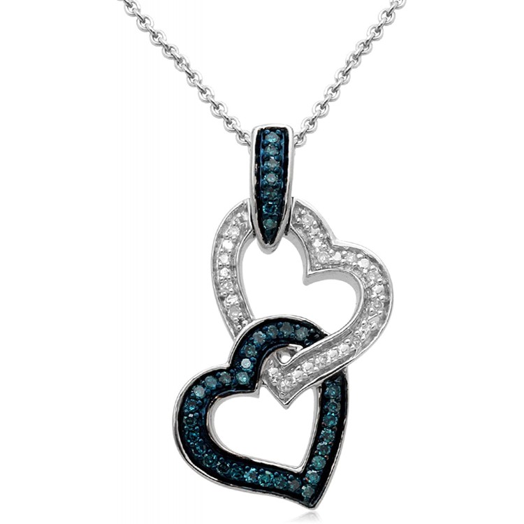 Jewelili Sterling Silver 1/6 Cttw Treated Blue and Natural White Round Diamond Double Heart Pendant Necklace, 18&#34; Rolo Chain