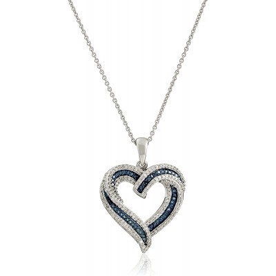 Amazon Collection Sterling Silver Blue and White Diamond Heart Pendant Necklace (1/2 cttw), 18&#34;