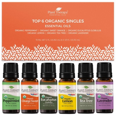 Plant Therapy Top 6 Organic Essential Oil Set - Lavender, Peppermint, Eucalyptus, Lemon, Tea Tree 100% Pure, USDA Organic, Natural Aromatherapy, Therapeutic Grade 10 mL (1/3 oz)