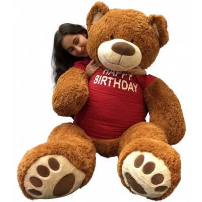 Big Plush 5 Foot Giant Teddy Bear Wearing Happy Birthday T-Shirt 60 Inches Soft Cookie Dough Brown Color Huge Teddybear