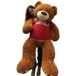 Big Plush 5 Foot Giant Teddy Bear Wearing Happy Birthday T-Shirt 60 Inches Soft Cookie Dough Brown Color Huge Teddybear