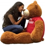 Big Plush 5 Foot Giant Teddy Bear Wearing Happy Birthday T-Shirt 60 Inches Soft Cookie Dough Brown Color Huge Teddybear