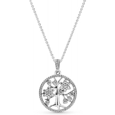 Pandora Jewelry Family Tree Hearts Cubic Zirconia Necklace in Sterling Silver, 31.5&#34;