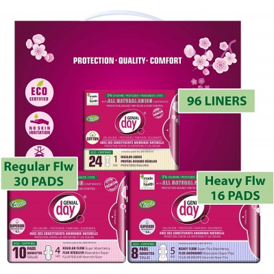 GENIAL DAY Organic Period Kit, Mix of 9 Packs (Regular 3, Heavy Flow 2, Liners 4)