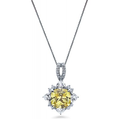 BERRICLE Rhodium Plated Sterling Silver Canary Yellow Cushion Cut Cubic Zirconia CZ Halo Flower Anniversary Fashion Pendant Necklace