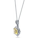 BERRICLE Rhodium Plated Sterling Silver Canary Yellow Cushion Cut Cubic Zirconia CZ Halo Flower Anniversary Fashion Pendant Necklace