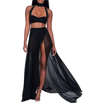 TOB Women&#39;s Sexy Summer Halter Slit 2 Piece Maxi Chiffon Dress Skirt Set