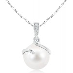 June Birthstone - 9mm Freshwater Cultured Pearl Spiral Pendant Necklace with Diamonds for Women