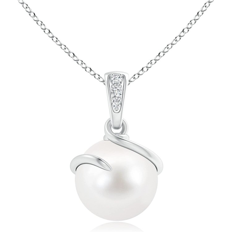 June Birthstone - 9mm Freshwater Cultured Pearl Spiral Pendant Necklace with Diamonds for Women