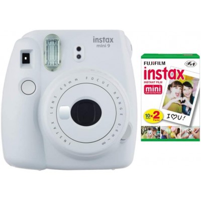 Fujifilm instax Mini 9 Instant Camera (Smokey White) and instax Film Twin Pack (20 Exposures) Bundle