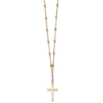 14k Tri Color Yellow White Gold Beaded Cross Religious Chain Necklace Pendant Charm Fine Jewelry For Women Gifts For Her