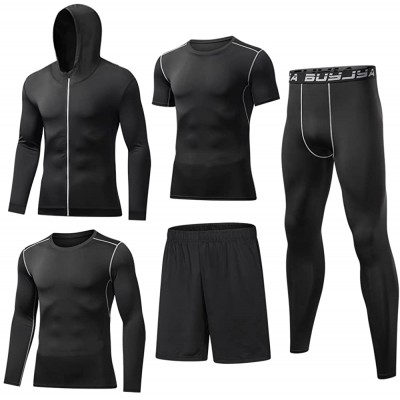 BUYJYA 5Pcs Men&#39;s Compression Pants Shirt Top Long Sleeve Jacket Athletic Sets Gym Clothing Mens Workout