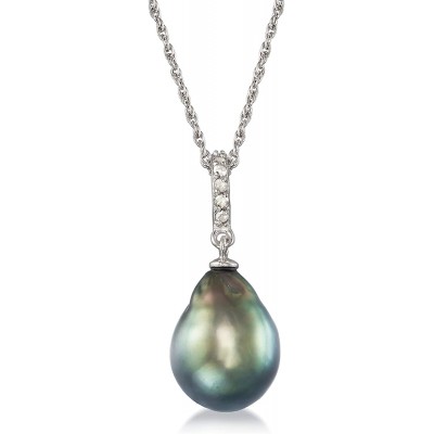 Ross-Simons 11-12mm Black Cultured Tahitian Pearl Pendant Necklace With .10 ct. t.w. Diamond in Sterling Silver. 18 inches