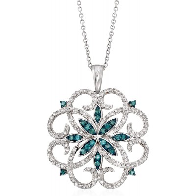 Ross-Simons 0.76 ct. t.w. Blue and White Diamond Scrolling Medallion Pendant Necklace in Sterling Silver. 18 inches