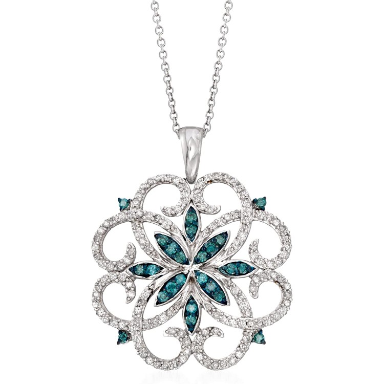 Ross-Simons 0.76 ct. t.w. Blue and White Diamond Scrolling Medallion Pendant Necklace in Sterling Silver. 18 inches