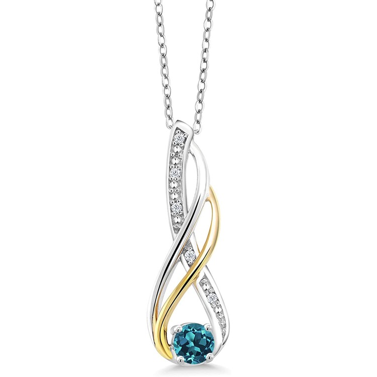 Gem Stone King 2-Tone 10K Yellow Gold And 925 Sterling Silver Round London Blue Topaz and Diamond Infinity Pendant Necklace For Women (0.34 Cttw with 18 Inch Chain)