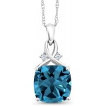 Gem Stone King 10K White Gold London Blue Topaz and White Created Sapphire Pendant Necklace (4.41 Ct Cushion with 18 Inch Chain)