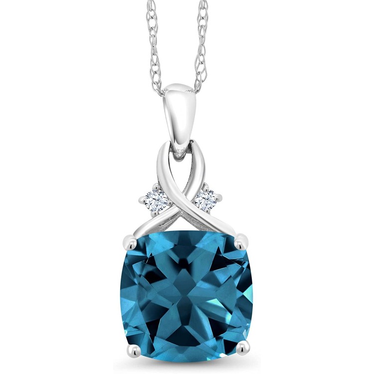 Gem Stone King 10K White Gold London Blue Topaz and White Created Sapphire Pendant Necklace (4.41 Ct Cushion with 18 Inch Chain)