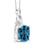 Gem Stone King 10K White Gold London Blue Topaz and White Created Sapphire Pendant Necklace (4.41 Ct Cushion with 18 Inch Chain)