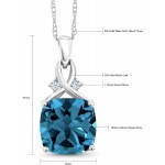 Gem Stone King 10K White Gold London Blue Topaz and White Created Sapphire Pendant Necklace (4.41 Ct Cushion with 18 Inch Chain)