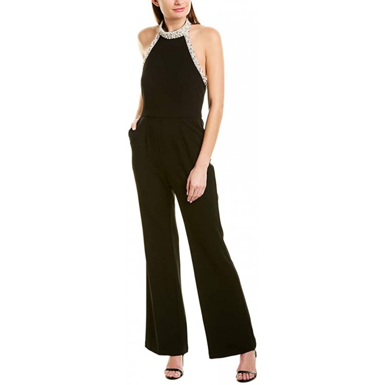 Adrianna Papell Women's Long Knit Crepe Beaded Trim Wide Leg Jumpsuit