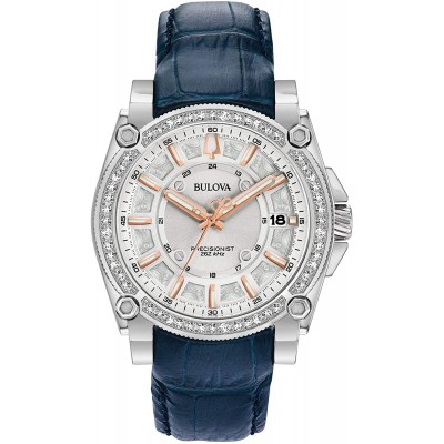 Bulova Precisionist Ladies Watch, Stainless Steel with Blue Leather StrapDiamond , Silver-Tone (Model: 96R227)