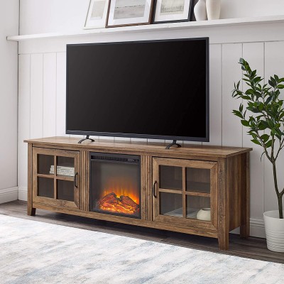 Walker Edison Bern Classic 2 Glass Door Fireplace TV Stand for TVs up to 80 Inches, 70 Inch, Rustic Oak