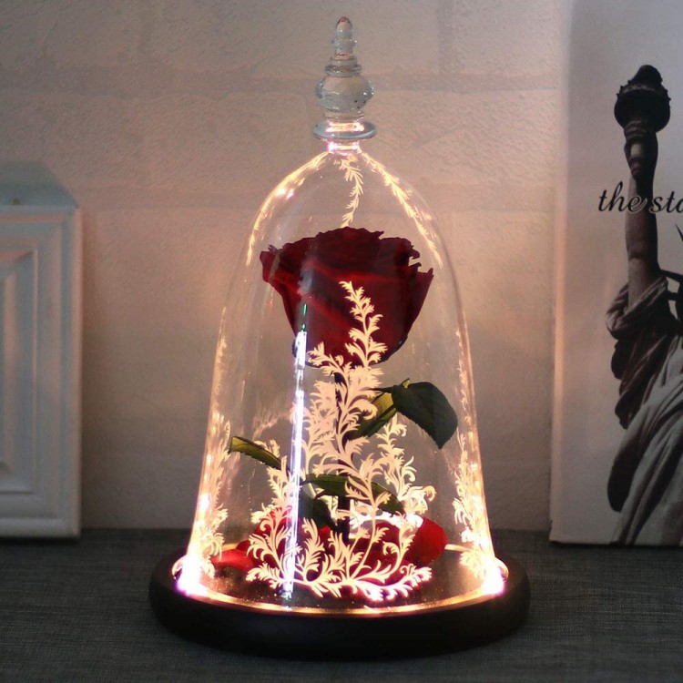 Handmade Rose in Glass Dome, DDSKY Beauty and The Beast Enchanted Preserved Rose with LED Light in Glass Dome on Wood Base, 100% Real Rose for Christmas Valentine's Day, Red