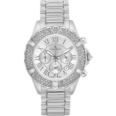 Giorgio Milano Luxury Women&#39;s Watch &#39;Paulina&#39; Round case. Dial with Roman Numbers, 3 Eyes and Date. Stainless Steel Bracelet with Swarovski Crystals on The case
