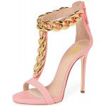 FSJ Women Golden Open Toe Ankle Straps Sandals High Heels Pumps Stilettos T-Straps Metal Chains Dress Shoes Size 4-15 US