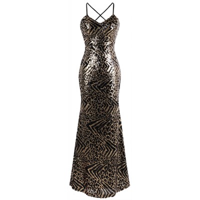 Angel-fashions Women's Spaghetti Strap Leopard Evening Dress