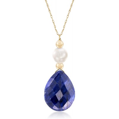 Ross-Simons Cultured Pearl and 10.00 Carat Sapphire Necklace in 14kt Yellow Gold