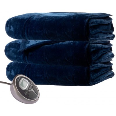 Sunbeam Queen Premium Soft Electric Heated Blanket Velveteen Plush 20 Heat Settings, Dual Controls, Silver Grey (Royal Blue)