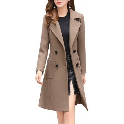 chouyatou Women Elegant Notched Collar Double Breasted Wool Blend Over Coat