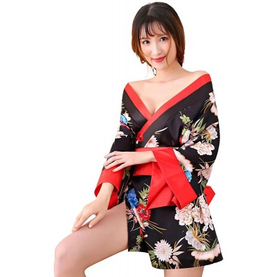 Women&#39;s Sexy Kimono Lingerie Pink Blossom Pattern Mini Kimono Dress Nightgown Bathrobe Short Yukata with OBI Belt