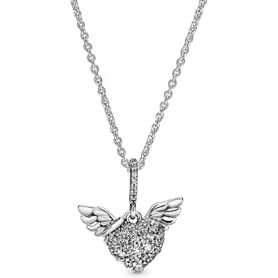 Pandora Jewelry Pave Heart and Angel Wings Cubic Zirconia Necklace in Sterling Silver, 17.7"