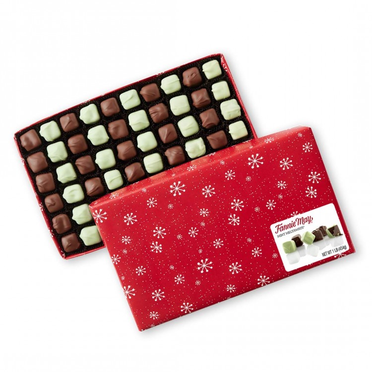 Fannie May Holiday Wrap Mint Meltaways, Milk Chocolate and Pastel Candy with a Mint Chocolate Center, Christmas Candy Gift Box, 1 Lb