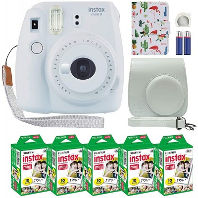 Fujifilm Instax Mini 9 Polaroid Instant Camera Smokey White with Custom Case + Fuji Instax Film Value Pack (50 Sheets) Flamingo Designer Photo Album for Fuji instax Mini 9 Photos