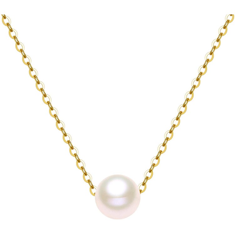 14K Solid Gold Pearl Necklace for Women, Real Freshwater Cultured Pearl Pendant Necklace 7.5mm Dainty Single Pearl Choker Adjustable Necklaces Fine Jewelry Gift for Her, Mom, Wife 16&#34;-18&#34;
